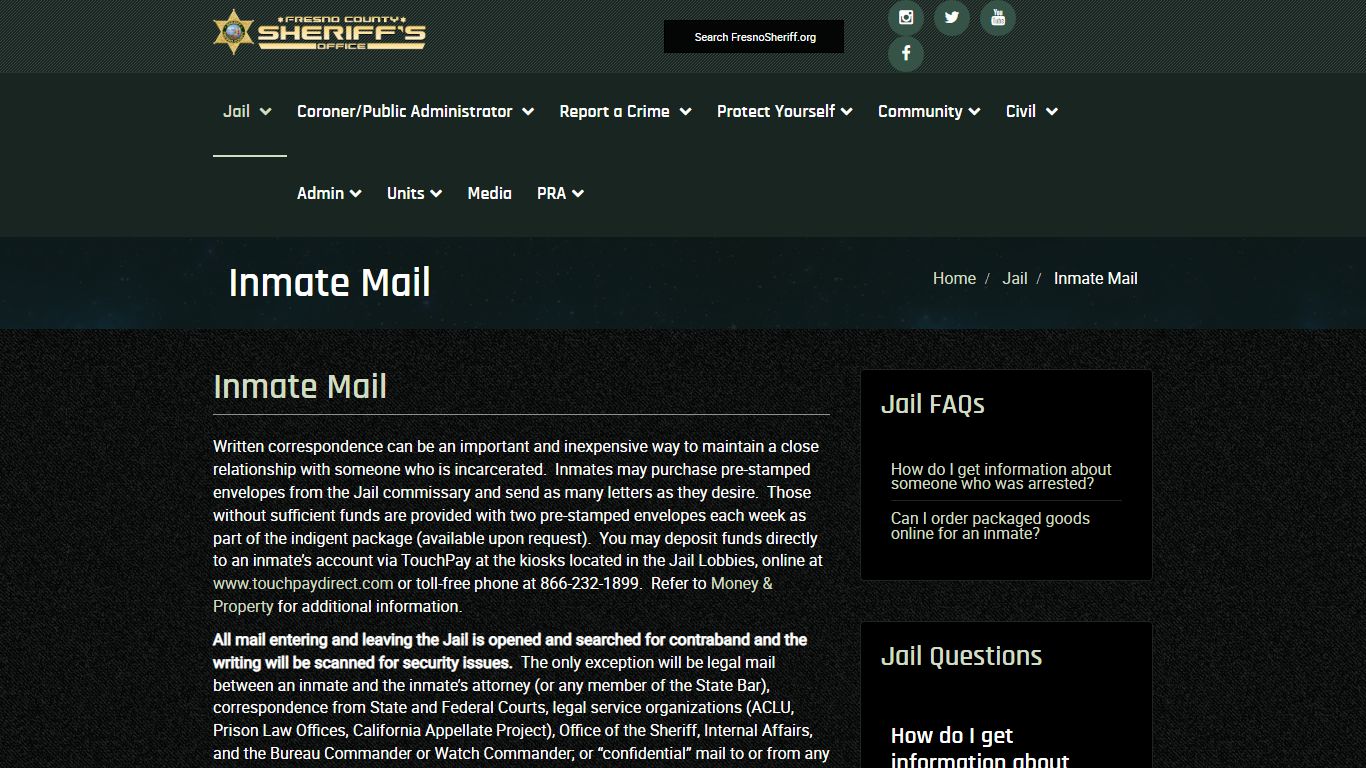 The Fresno County Sheriff-Coroner's Office - Inmate Mail